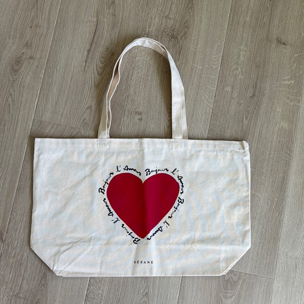 Sezane Cream and Red Heart Tote Bag